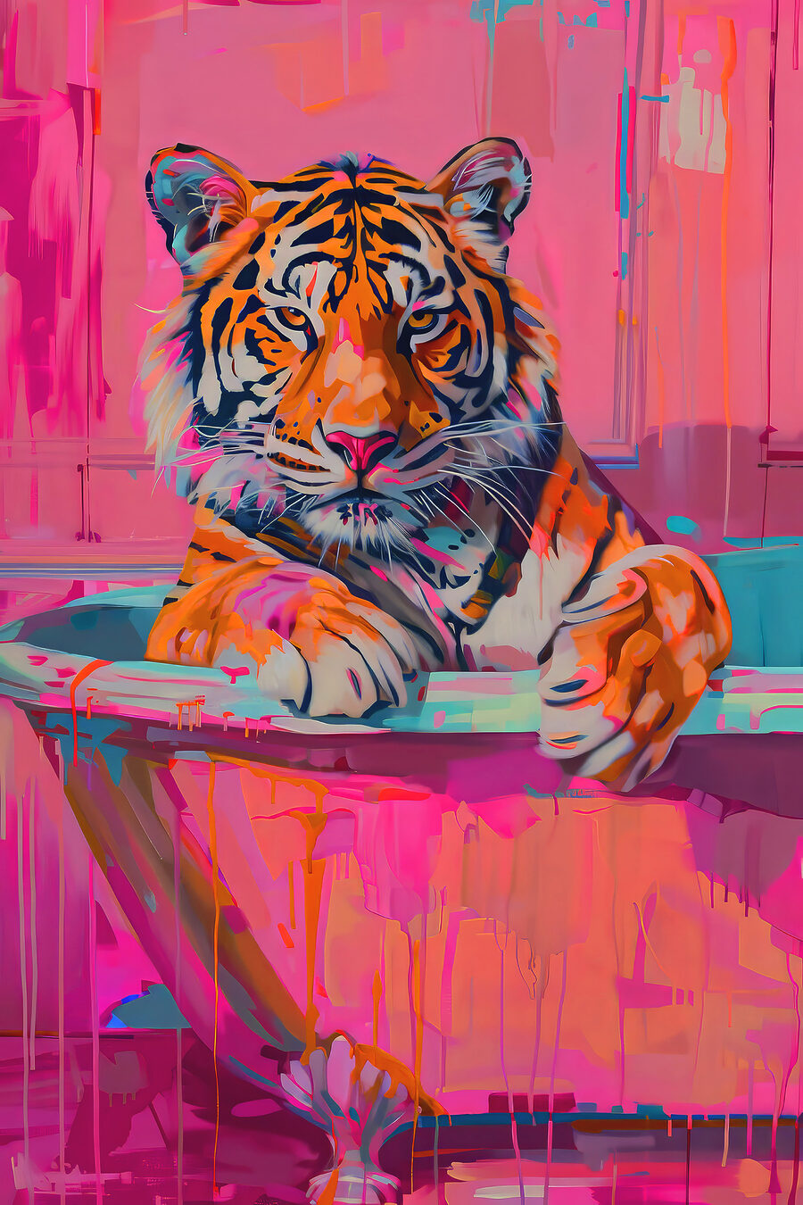 Tigris rózsaszín ecsetvonásokon — teljes motívum