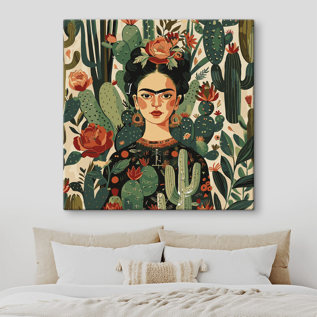 Frida piros kaktuszvirágokkal — lakásbelső 2
