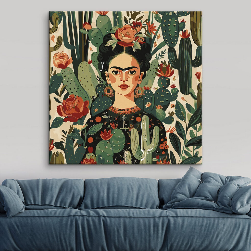 Frida piros kaktuszvirágokkal — lakásbelső 4