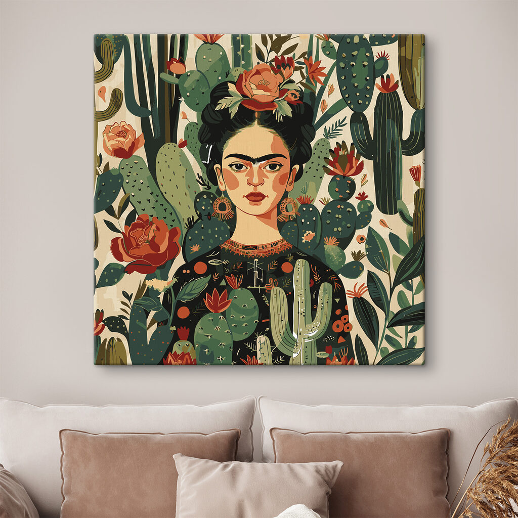 Frida piros kaktuszvirágokkal — lakásbelső 3