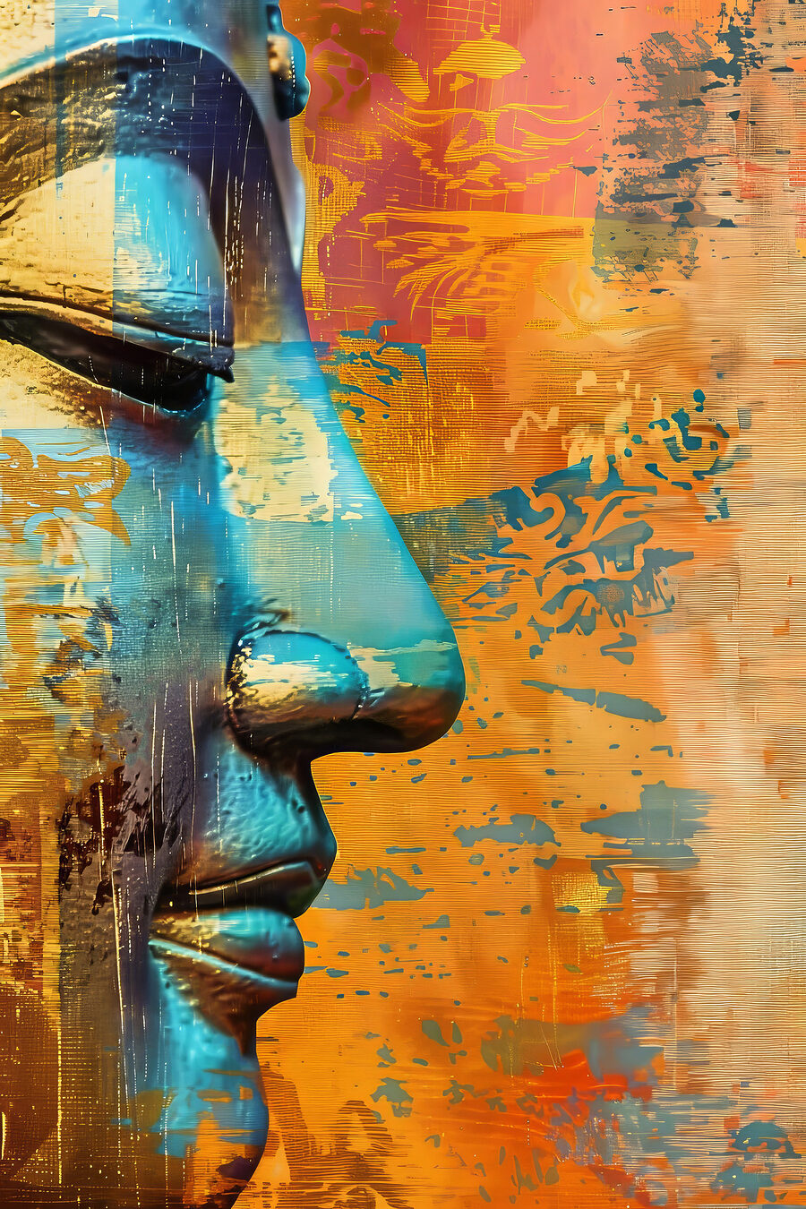 Buddha-profil türkiz fényben — teljes motívum