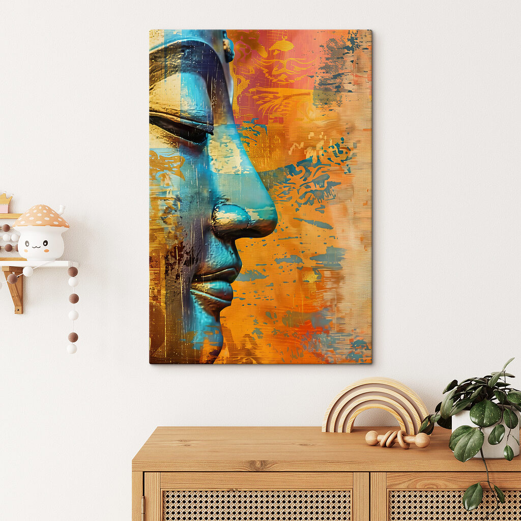 Buddha-profil türkiz fényben — lakásbelső 2