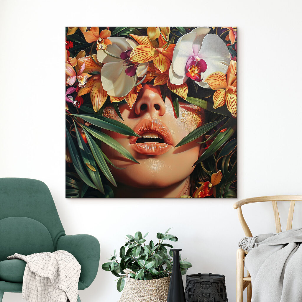 Nő orchideák között — lakásbelső 2