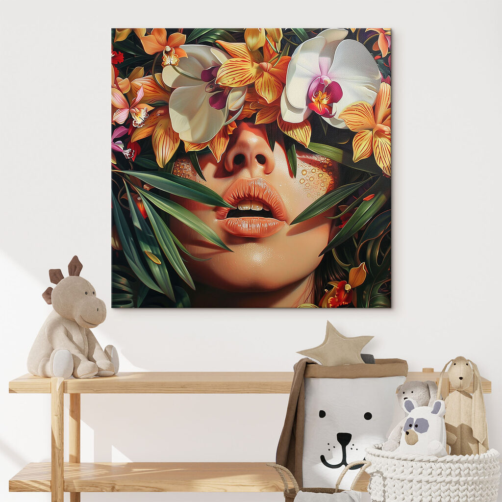 Nő orchideák között — lakásbelső 1