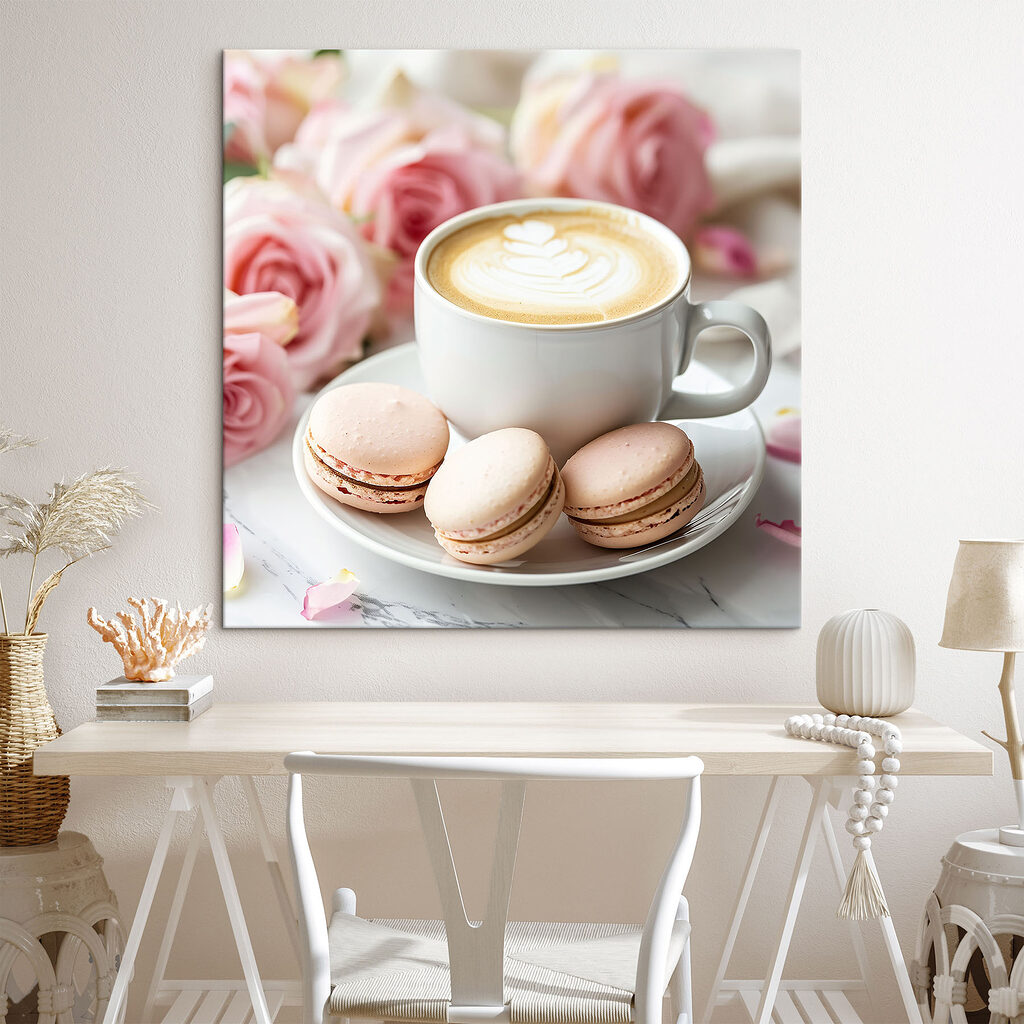 Cappuccino macaronnal egy belső térben