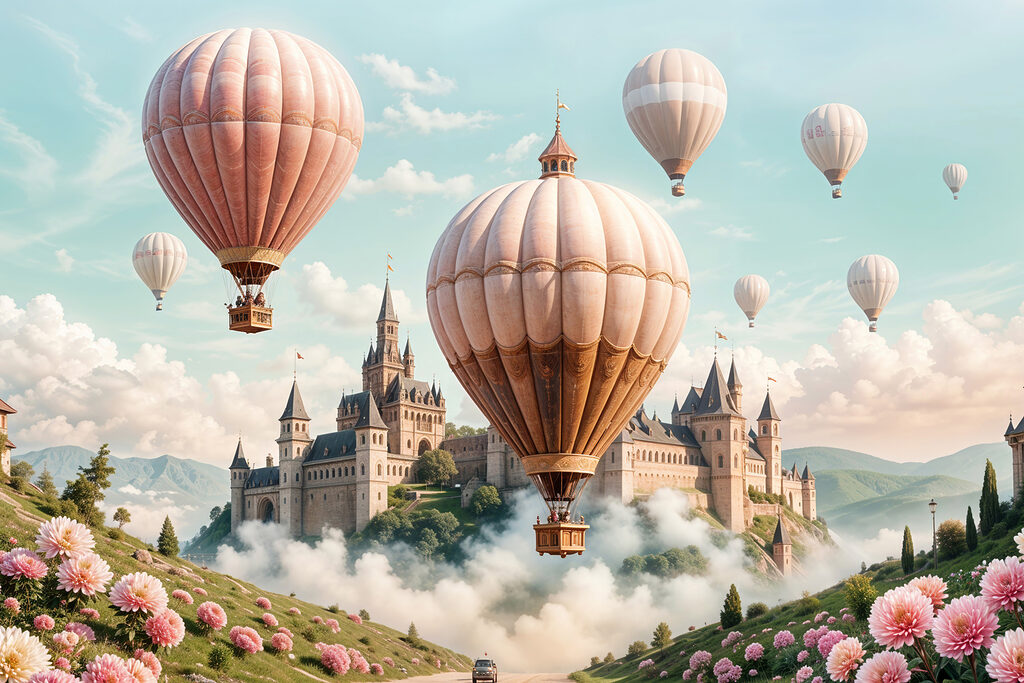 Hőlégballonok álomkastély felett — teljes motívum