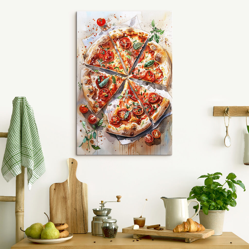 Pizza paradicsomok között egy belső térben