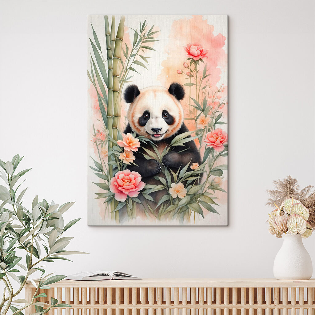 Panda rózsaszín virágok közt egy belső térben