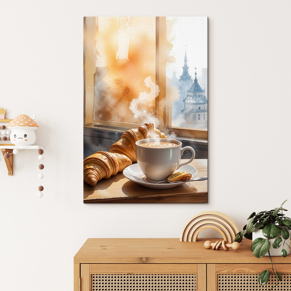 Croissant gőzölgő kávéval egy belső térben