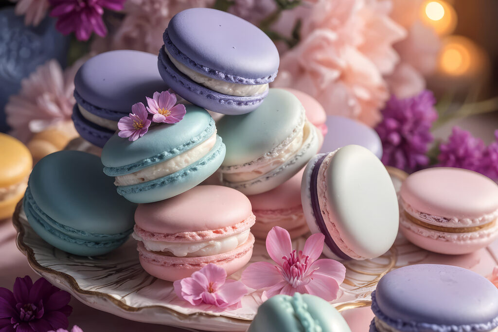 Macaronok lila virágok között — teljes motívum