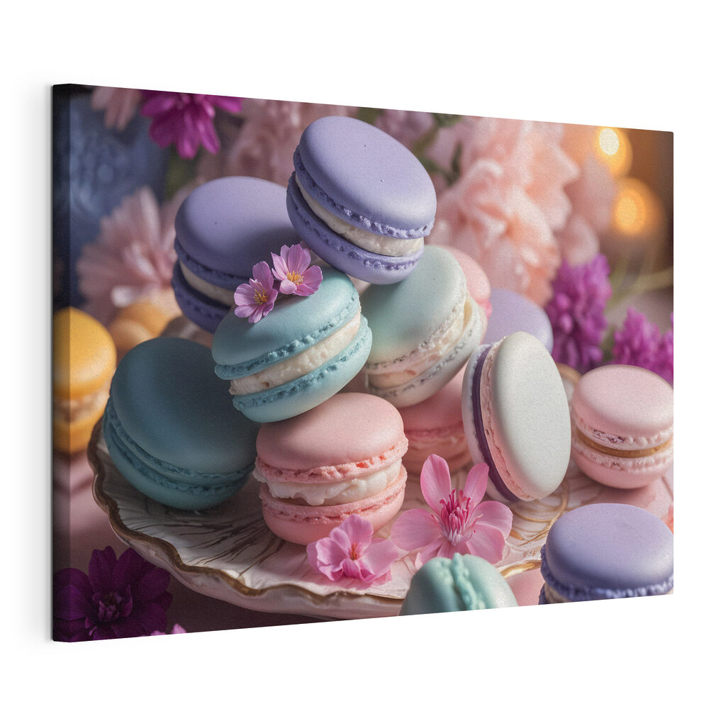 Macaronok lila virágok között, kifeszített vászon körbefutó széllel