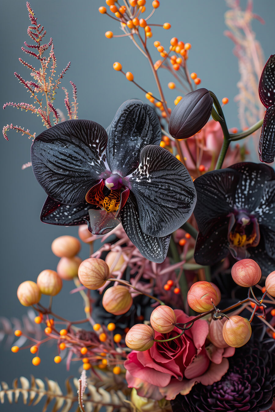 Fekete orchidea bogyók között — teljes motívum