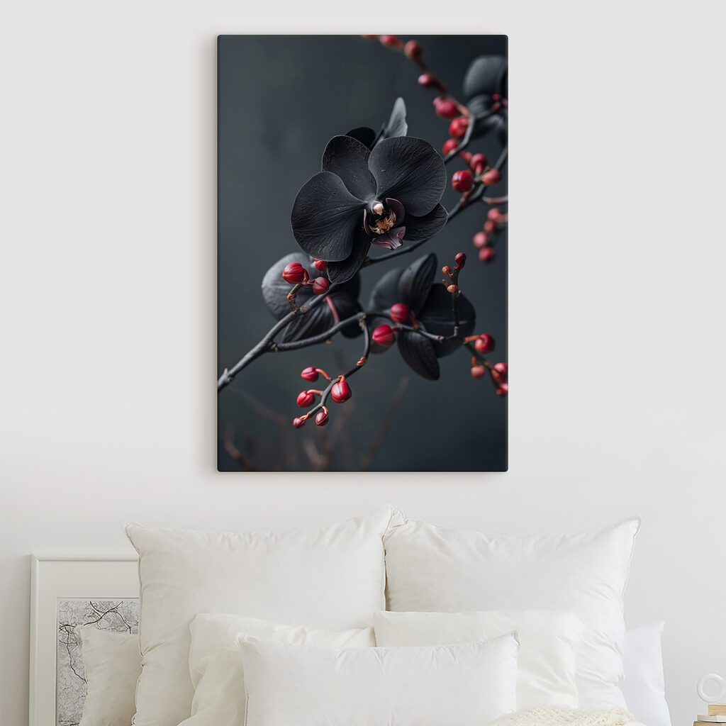 Fekete orchidea bogyós ágon — lakásbelső 2