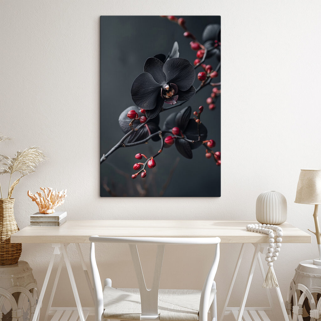 Fekete orchidea bogyós ágon — lakásbelső 1