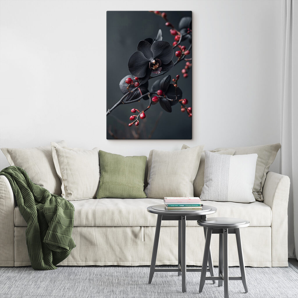 Fekete orchidea bogyós ágon — lakásbelső 3