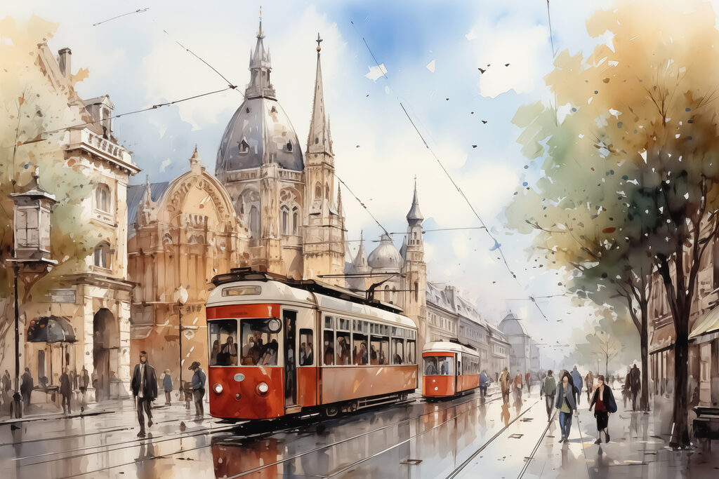 Piros villamos városi esőben — teljes motívum