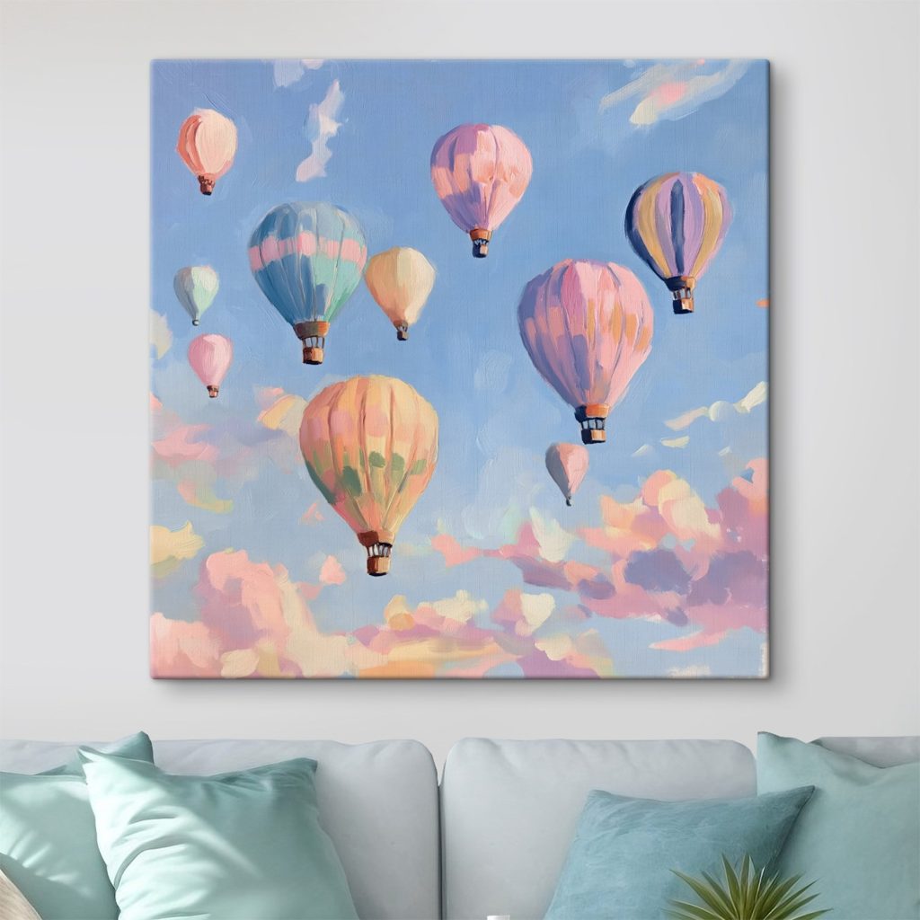 Pasztell hőlégballonok kék égen — lakásbelső 2