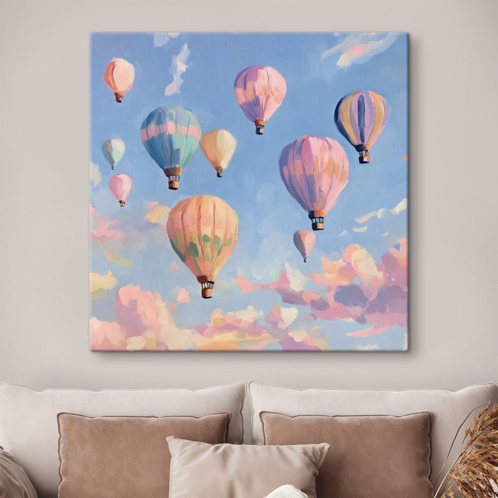 Pasztell hőlégballonok kék égen — lakásbelső 1