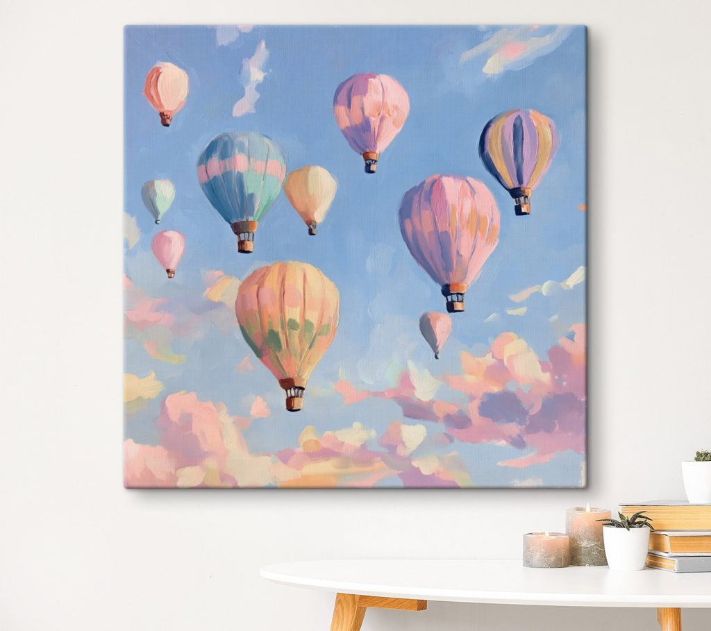 Pasztell hőlégballonok kék égen — lakásbelső 3
