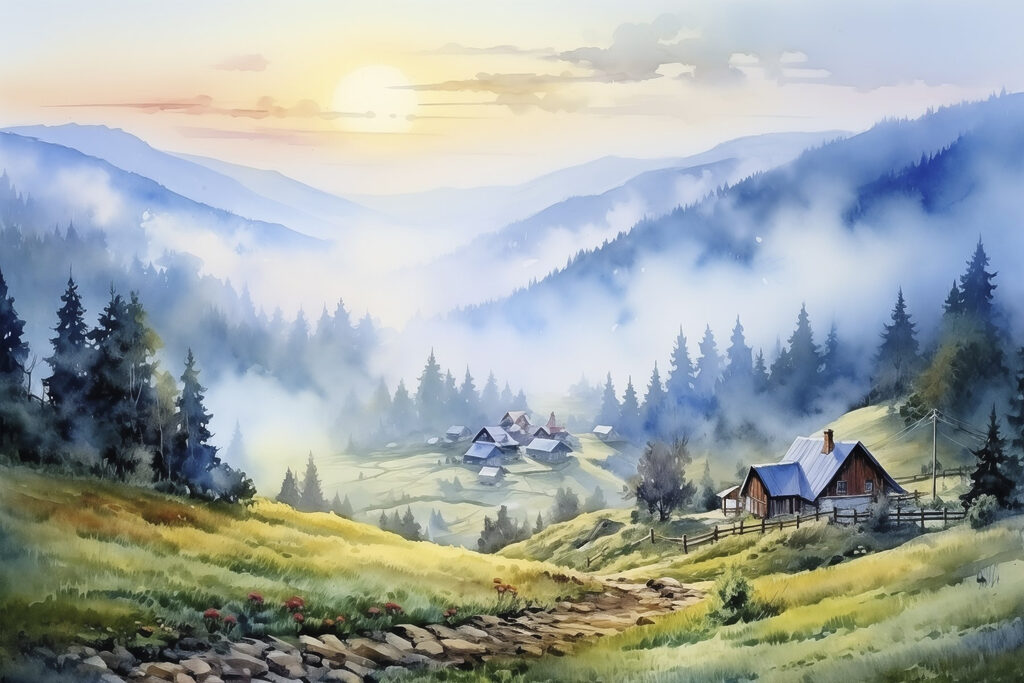 Hegyi házikók kék ködben — teljes motívum