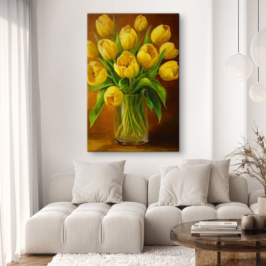 Sárga tulipánok barna háttéren — lakásbelső 2