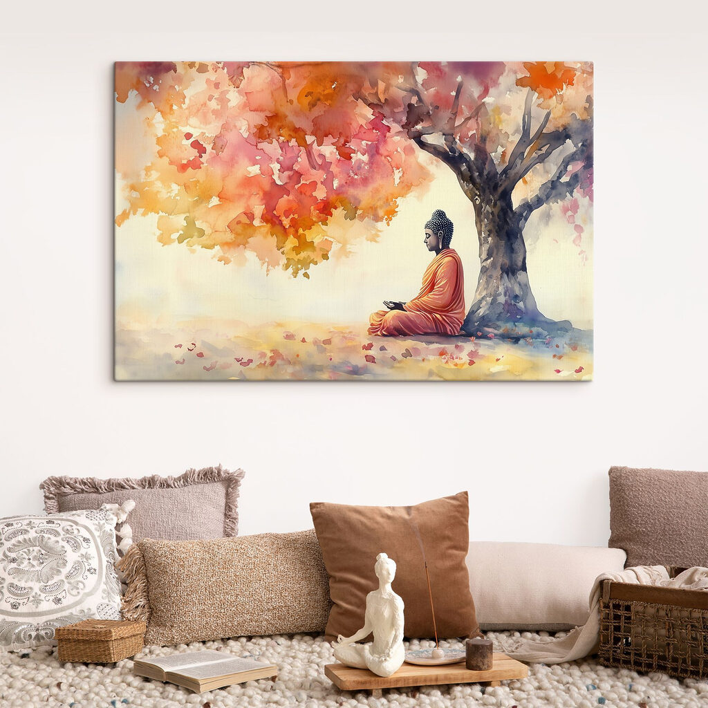 Buddha őszi levelek alatt egy belső térben