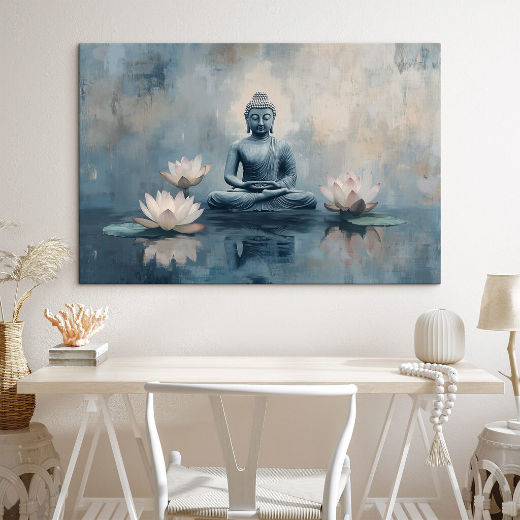 Buddha három lótusz között egy belső térben