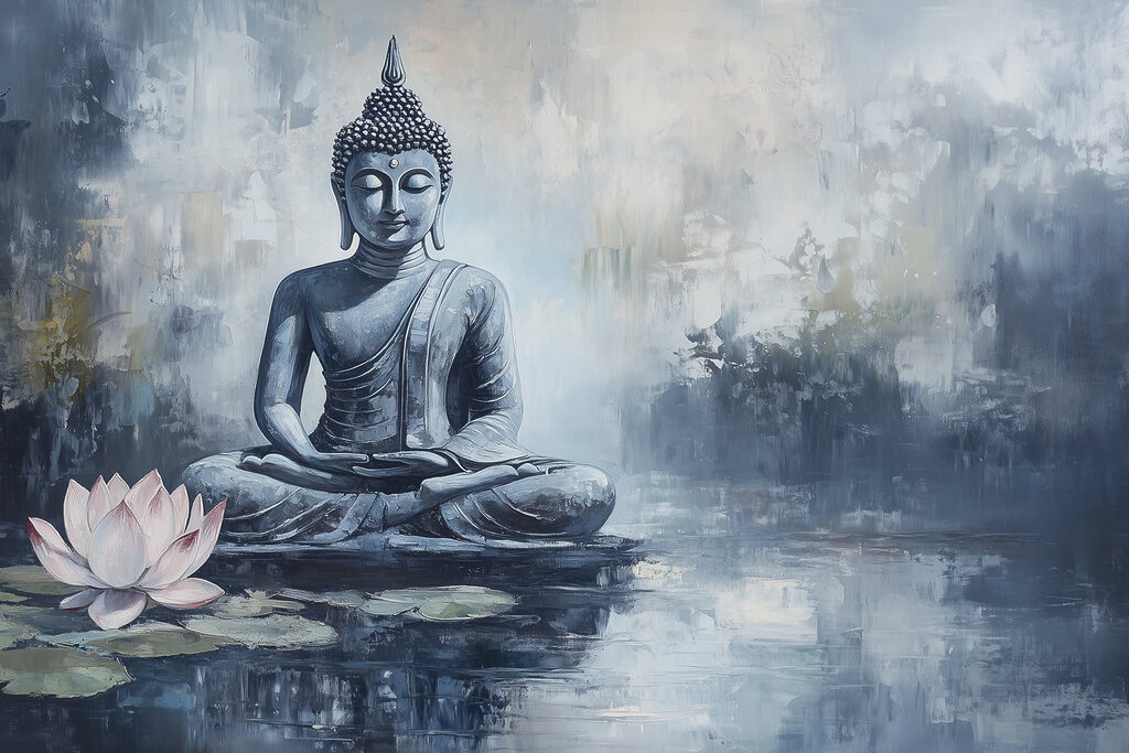 Buddha kék tavi ködben — teljes motívum