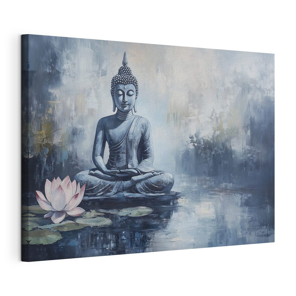 Buddha kék tavi ködben, kifeszített vászon körbefutó széllel