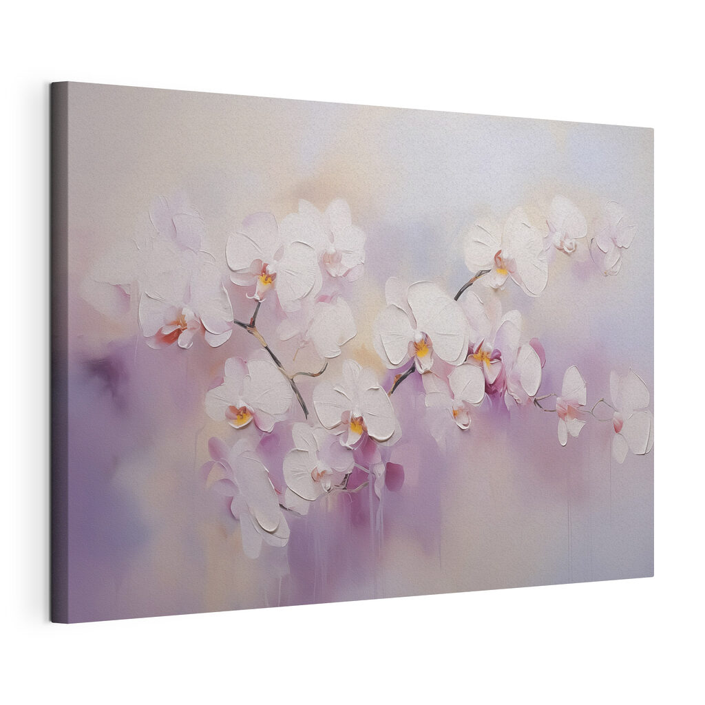 Orchideák lágy lila árnyalatokban, kifeszített vászon körbefutó széllel