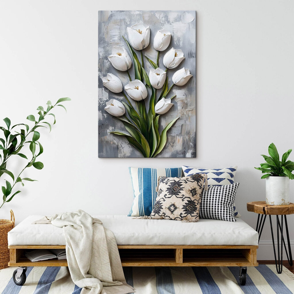 Fehér tulipánok festékcsíkokban — lakásbelső 2