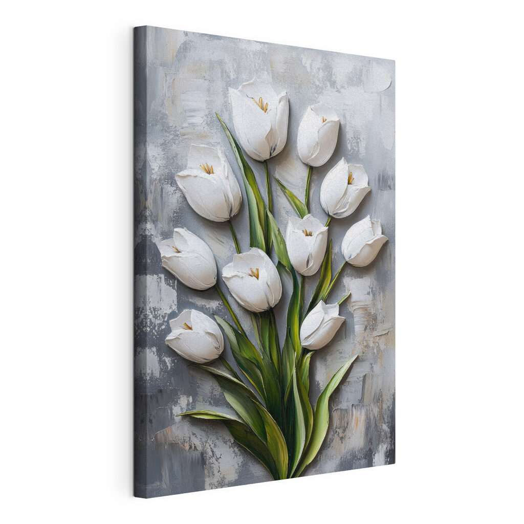 Fehér tulipánok festékcsíkokban, kifeszített vászon körbefutó széllel