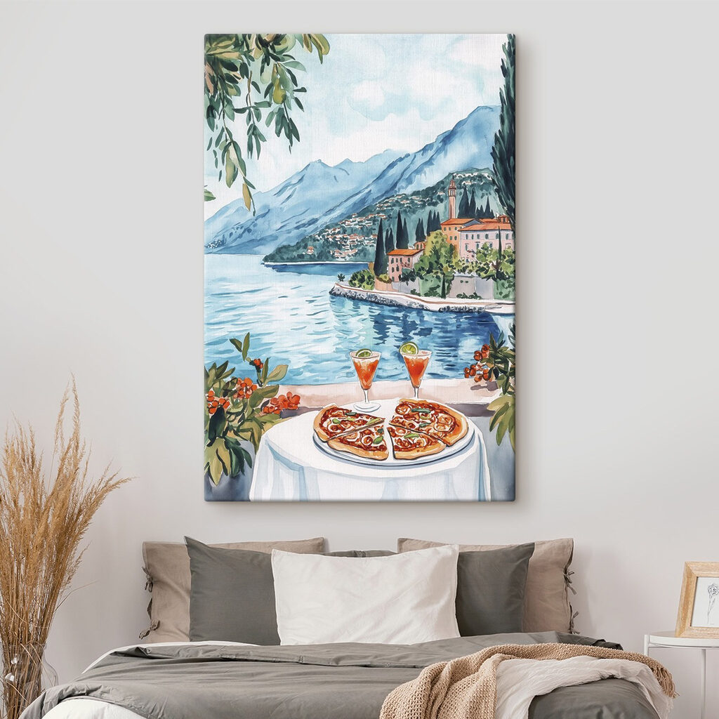 Pizza a tóparton egy belső térben