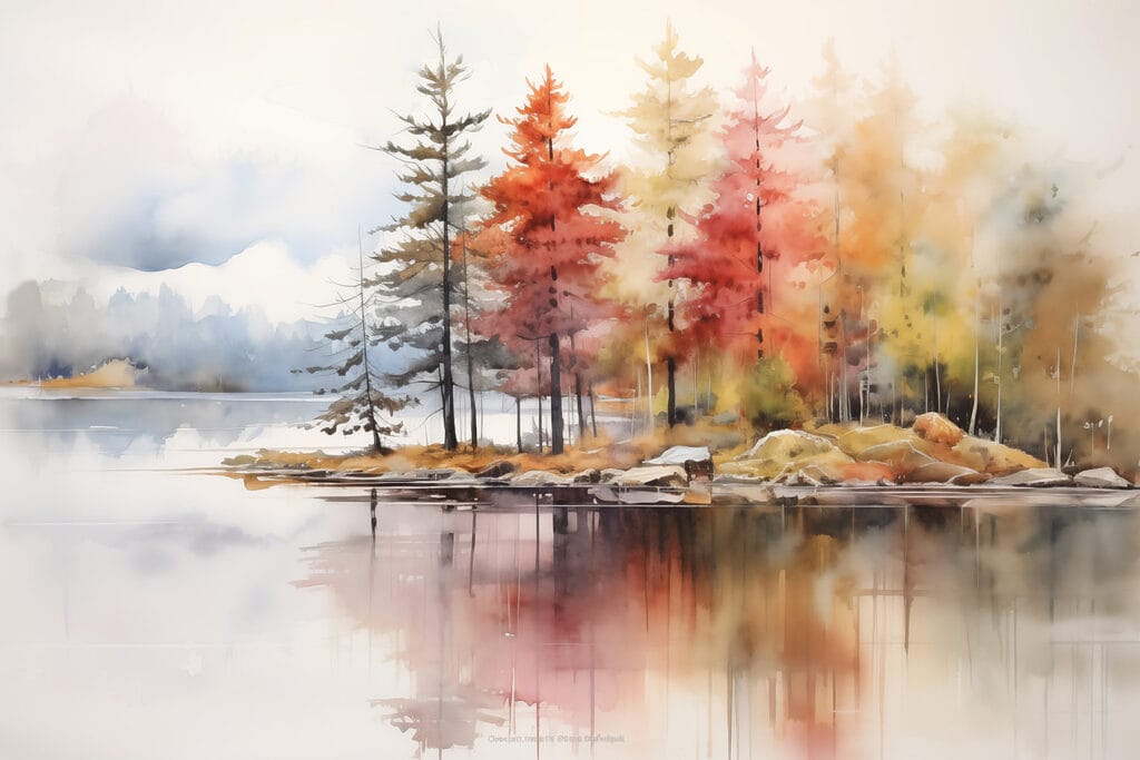 Őszi fenyők a tónál — teljes motívum