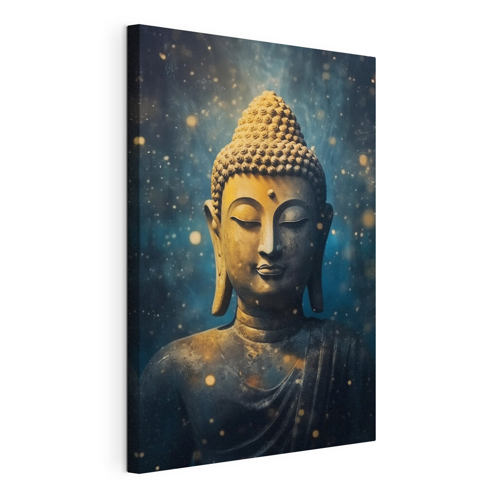 Buddha kék csillagfényben, kifeszített vászon körbefutó széllel