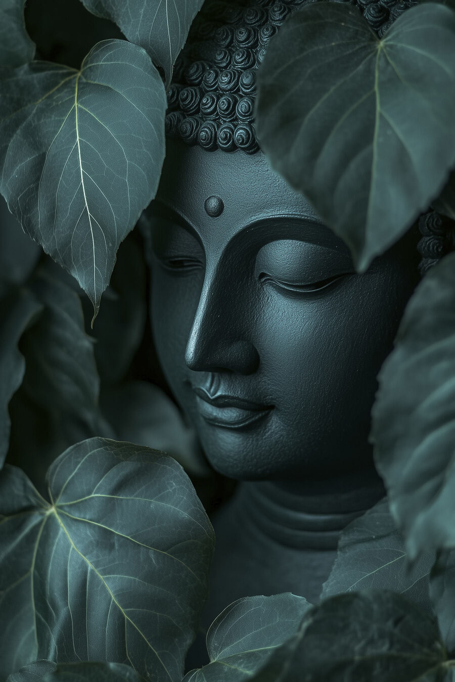 Buddha nagy szívlevelek mögött — teljes motívum