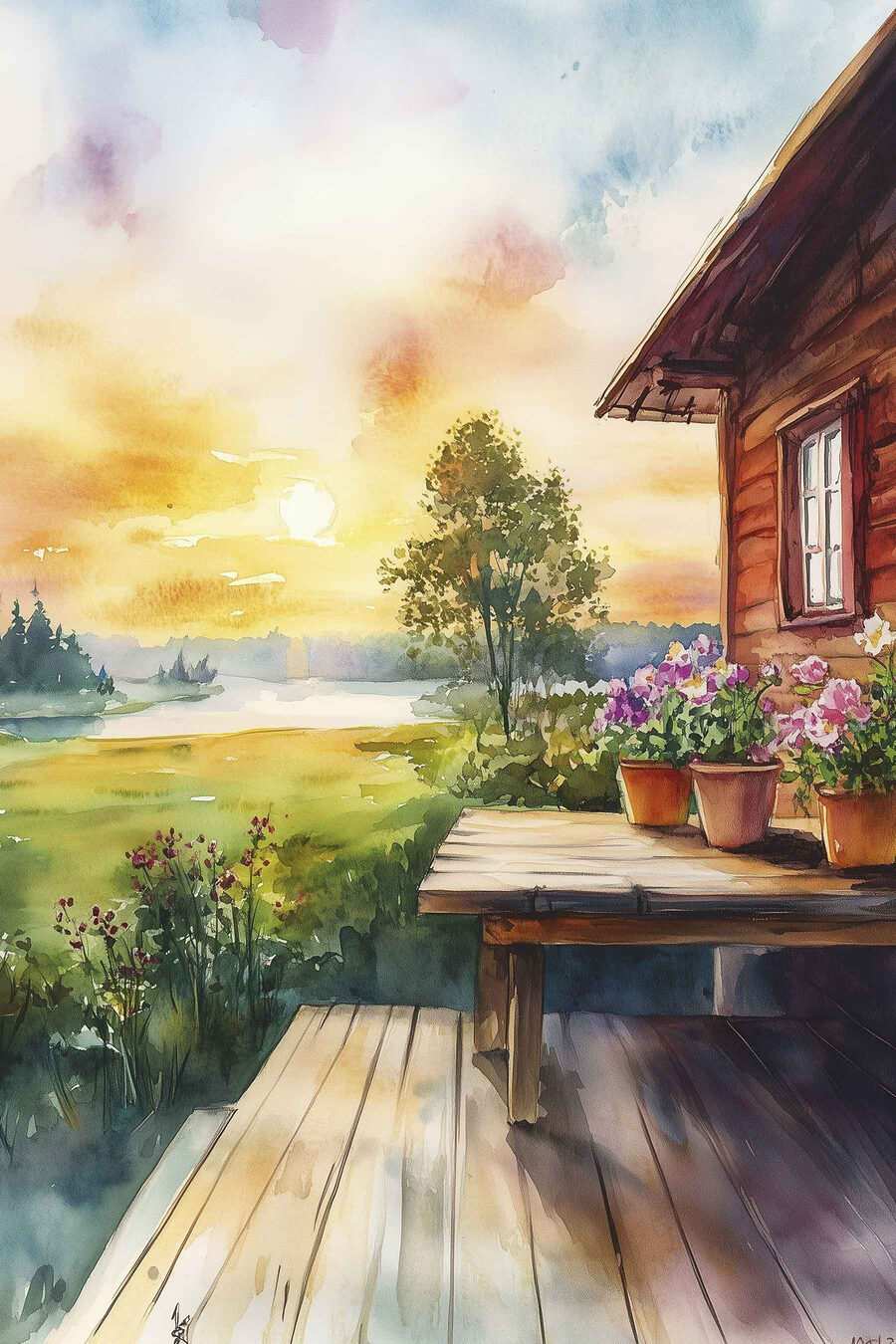 Fa veranda alkonyi fényben — teljes motívum