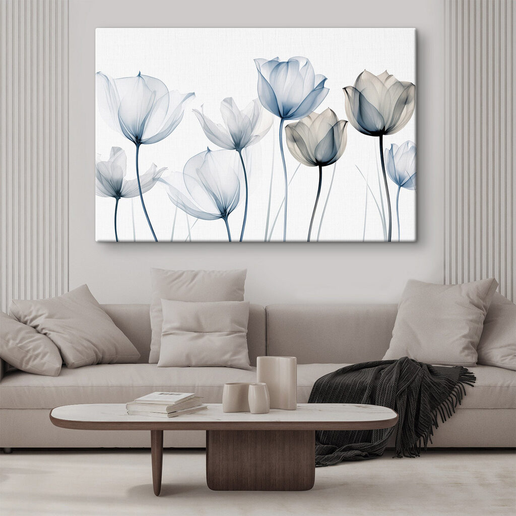Kék tulipánok finom erekkel egy belső térben