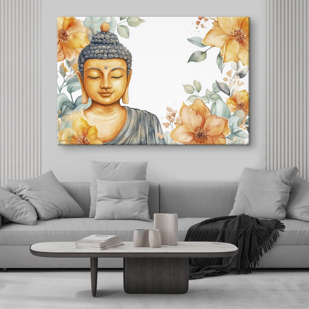 Buddha narancssárga akvarellvirágok között egy belső térben