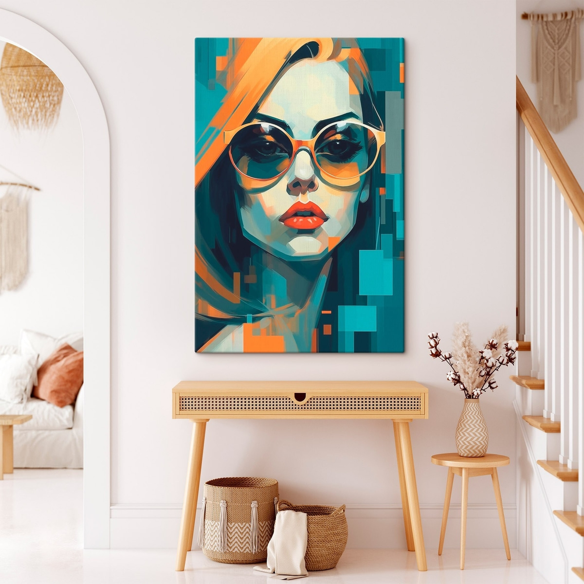 Pop-art stílusú nő napszemüvegben — lakásbelső 2