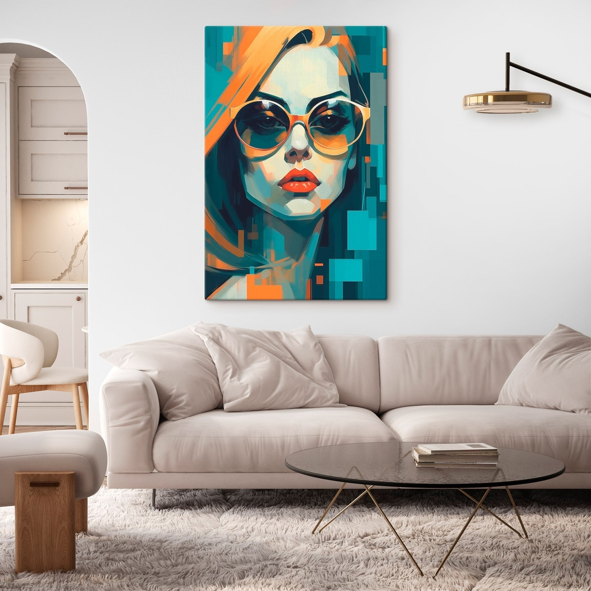 Pop-art stílusú nő napszemüvegben — lakásbelső 1