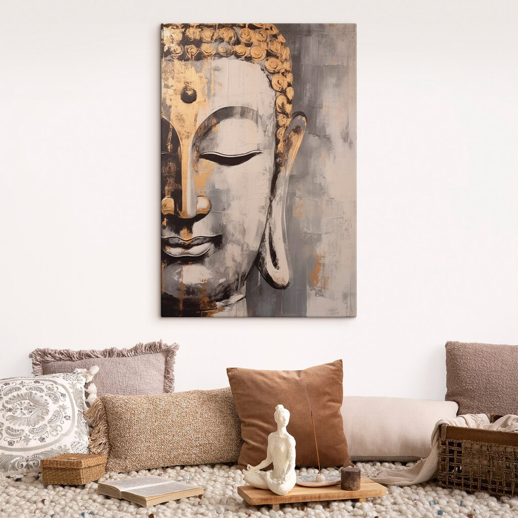 Buddha aranyszürke festékben — lakásbelső 1
