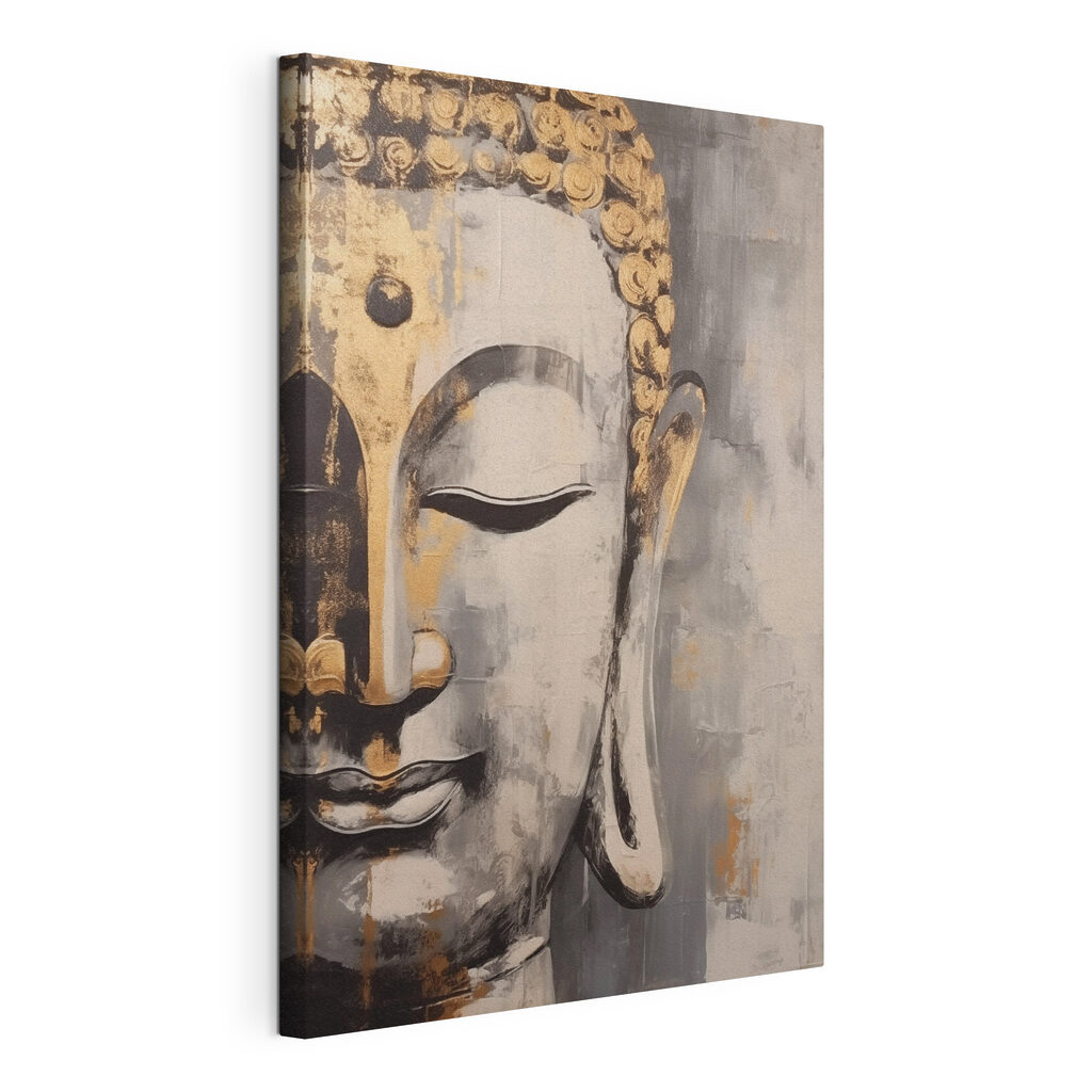 Buddha aranyszürke festékben, kifeszített vászon körbefutó széllel