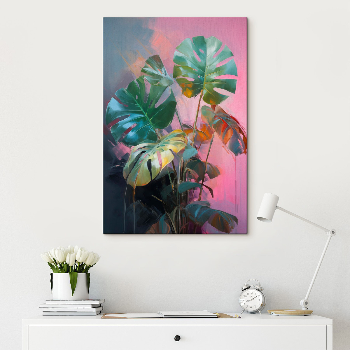 Absztrakt monstera rózsaszín háttéren — lakásbelső 2