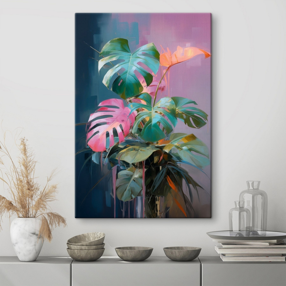 Rózsaszín és zöld monstera — lakásbelső 2