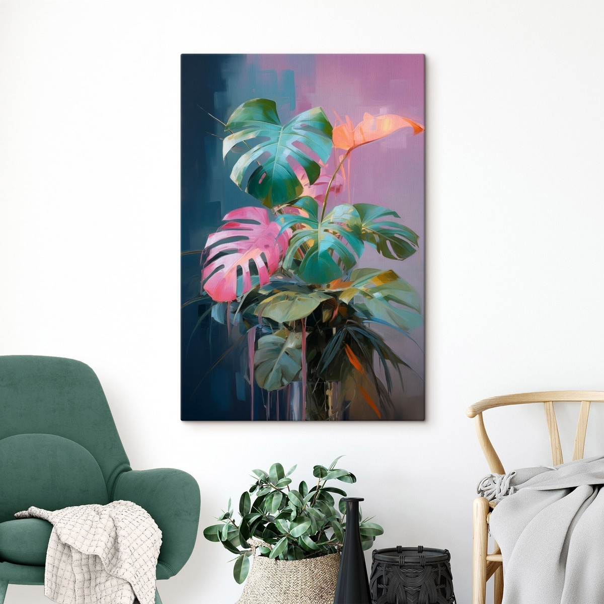Rózsaszín és zöld monstera — lakásbelső 1