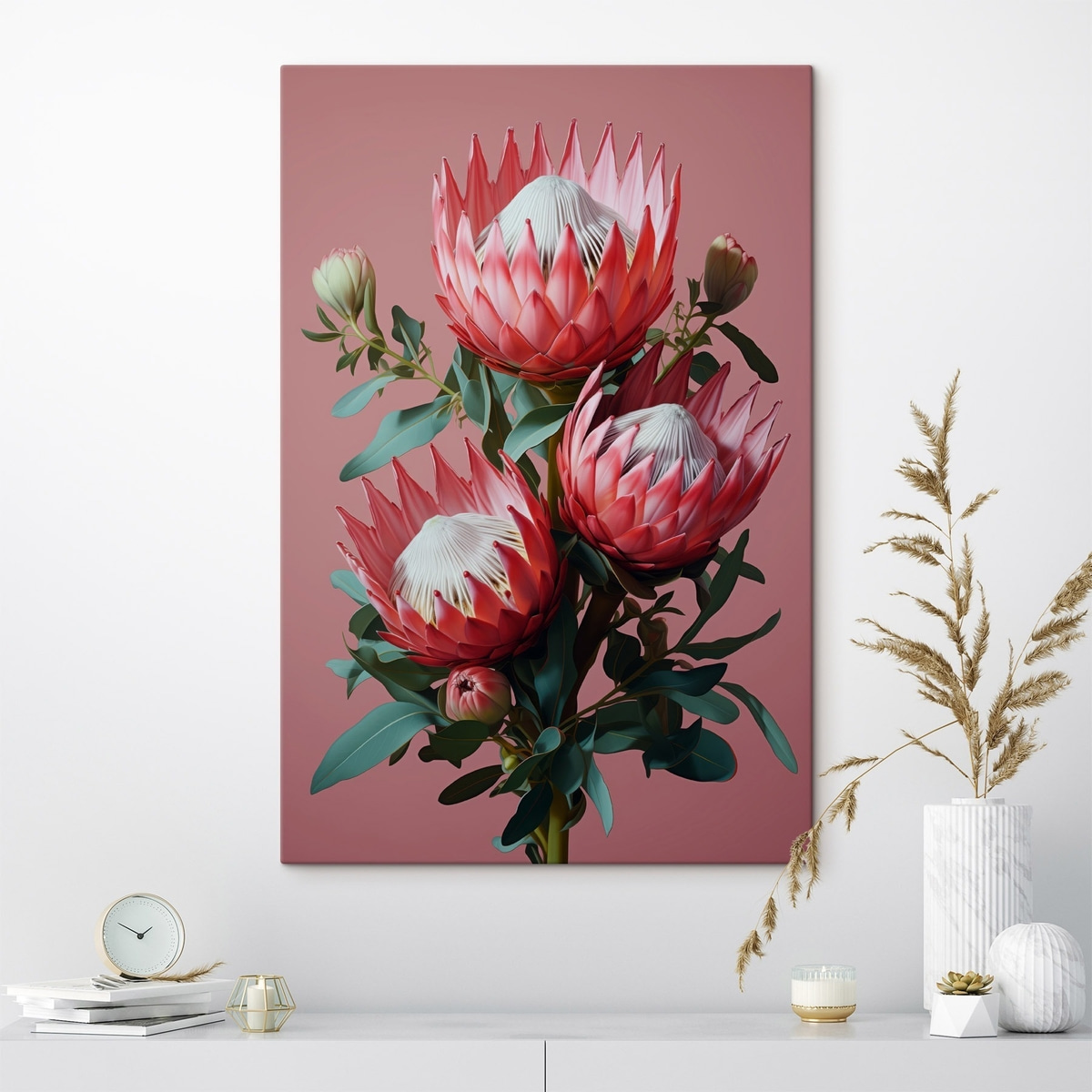 Piros protea-csokor rózsaszín háttéren — lakásbelső 2