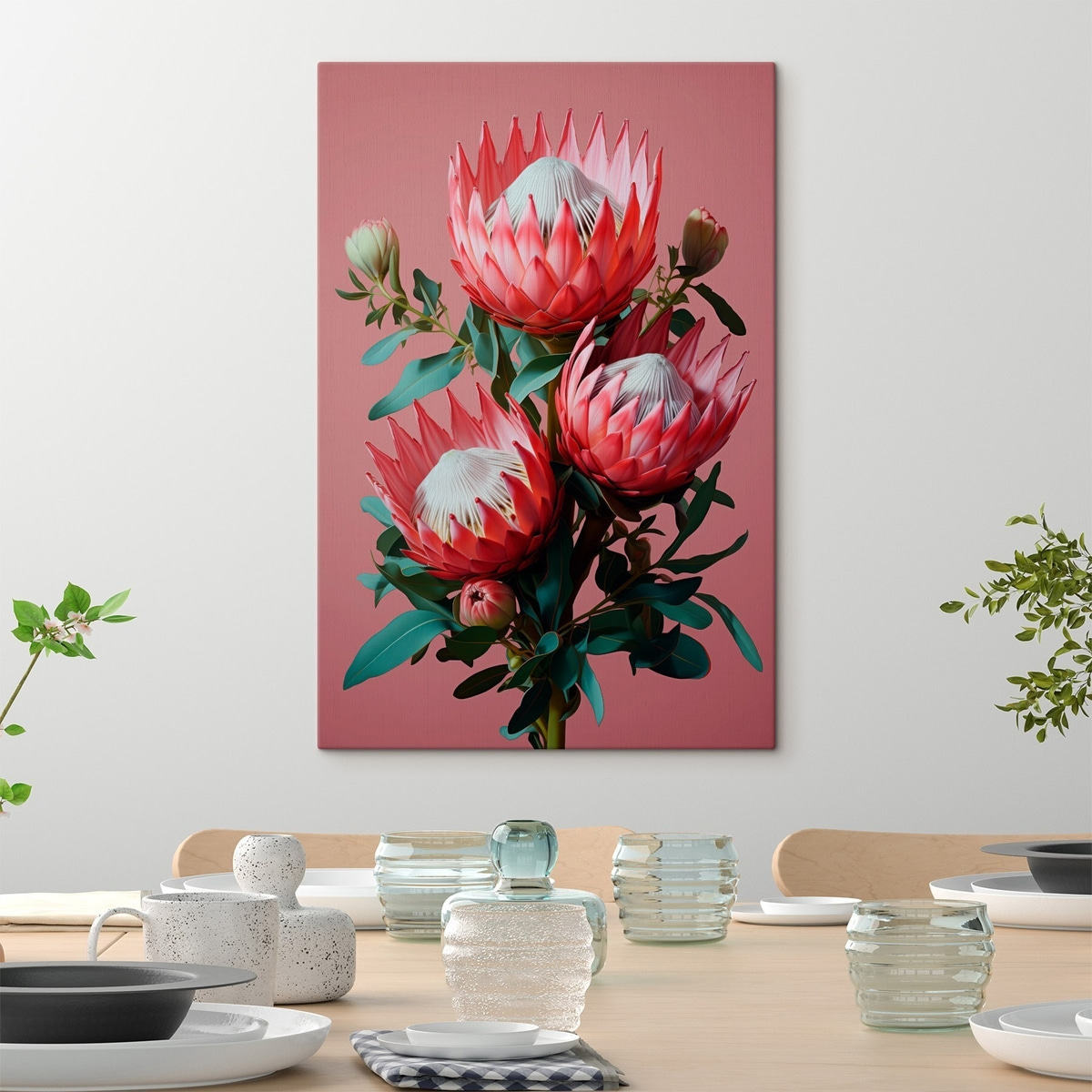Piros protea-csokor rózsaszín háttéren — lakásbelső 3