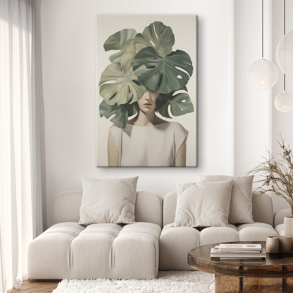 Absztrakt lány monstera-levelekkel — lakásbelső 2