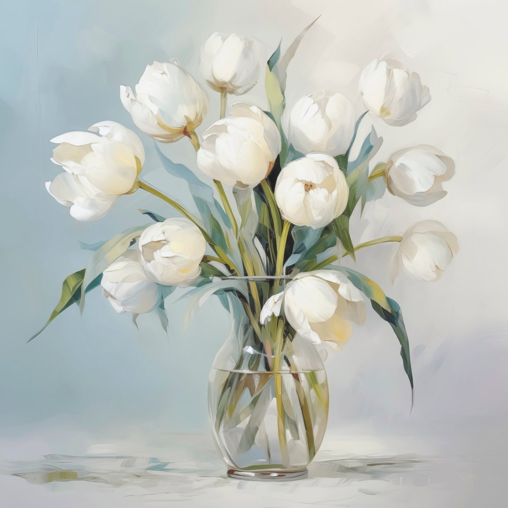 Tulipánok vázában festményhatással — teljes motívum